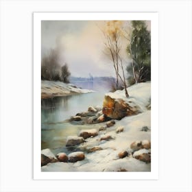 Ancient landscapes, old winter oil paintings and rocks around the lake bank. Snow is falling on the lake, old colors.8 2 Art Print