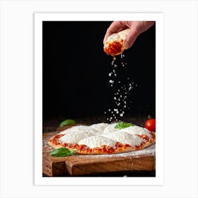 A Hand Stretching A Glistening Ball Of Pizza Dough Mid Action Flour Dusting In The Air From A Woode (7) Art Print