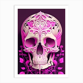 Skull With Surrealistic Elements 5 Pink Line Drawing Art Print