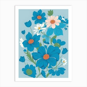 Beautiful Flowers Illustration Vertical Composition In Blue Tone 16 Art Print