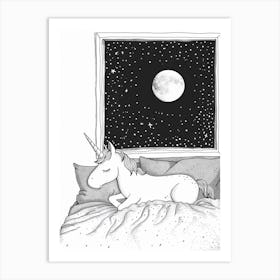Unicorn Lying In Bed With The Moon Black & White Doodle 1 Art Print