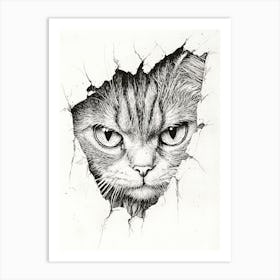 Angry Cat Watching from Wall Hole 13 Art Print