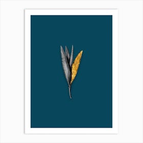 Vintage Autumn Crocus Black and White Gold Leaf Floral Art on Teal Blue n.0896 Art Print