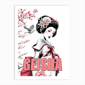 Geisha By Blossom Tree - Text Illustration Art Print