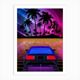 Neon landscape: Synthwave horizon & car, outrun [synthwave/vaporwave/cyberpunk] — aesthetic retrowave neon poster Art Print