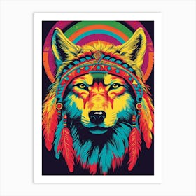 Indian Wolf Retro Style Colourful 1 Art Print