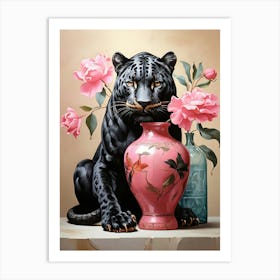 Black Panther With Pink Roses art print Art Print