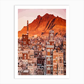 Old Town Sana A Rooftops At Sunset Art Print