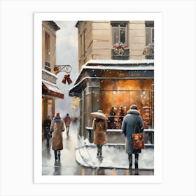 Paris cafes, winter season, Christmas, autumn oil colors, pale colors, pedestrians in the street, winter clothes, falling snow.Christmas decorations.3 2 Art Print