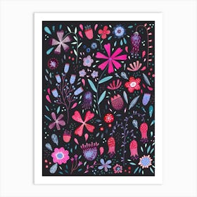 Dark Modern Watercolor Flowers Art Print