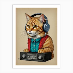 Cat With Headphones Art Print