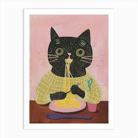 Cute Black Cat Eating Pasta Folk Illustration 3 Art Print