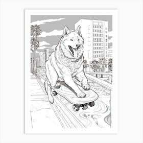 Alaskan Malamute Dog Skateboarding Line Art 1 Art Print