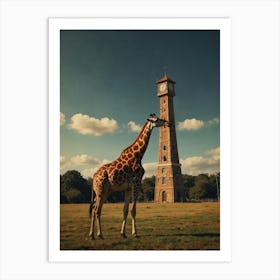 Giraffe In Front Of Clock Tower 1 Art Print