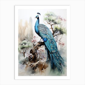 Peacock, Japanese Brush Painting, Ukiyo E, Minimal 6 Art Print