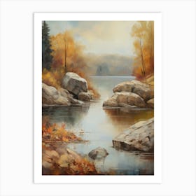 Forest Lake, Autumn Lake, Vintage Oil Painting, Farmhouse Wall Decorations, Antique Landscape, Vintage Landscape Oil Painting.5 1 Art Print