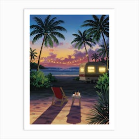 Anime Canvas Art: Sunset Tropical Beach Scene with Camper Van, String Lights, and Calm Ocean, Perfect for Lofi Aesthetic and Relaxing Coastal Decor Lovers. Art Print