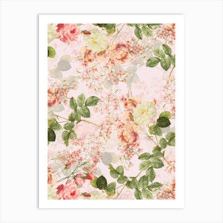 Vintage Summer Redouté Rose Blossoms Garden Art Print