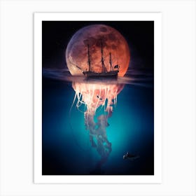 Pirate Jellyfish Orange Moon Art Print