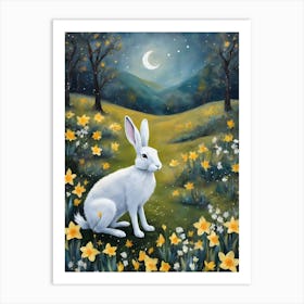 Ostara White Rabbit by Sarah Valentine ~ Daffodils, Moon and Orions Belt Art Print