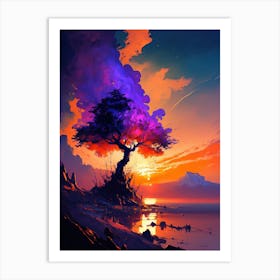 Purple Tree Orange Sunset Art Print