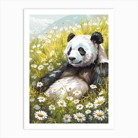Giant Panda Resting In A Field Of Daisies Storybook Illustration 11 Art Print