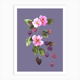 Vintage Purple Blackberry Fruit and Flowers Watercolour on Purple Background Art Print