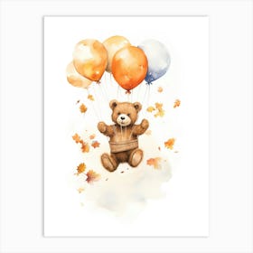 Bear Flying With Autumn Fall Pumpkins And Balloons Watercolour Nursery 3 Art Print