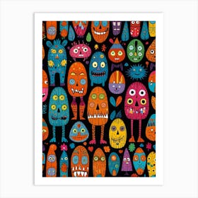 Monsters On Black Background Art Print