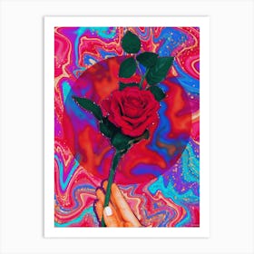 Trippy Surreal Rose Glitter Red & Blue Art Print