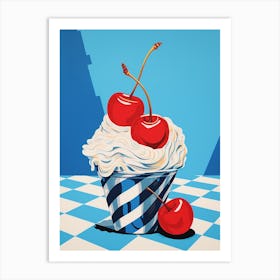 Cherry Sundae Blue Checkerboard Art Print