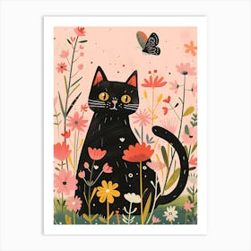 Black Cat In Flowers 4 Art Print