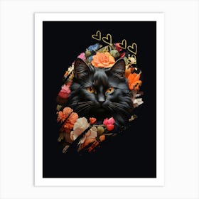 Black Cat With Flowers Art Print