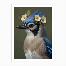 Blue Jay With A Flower Crown European Robin 2 Art Print