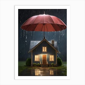 House With Umbrella In The Rain Art Print