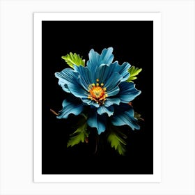 Blue Flower On Black Background Art Print