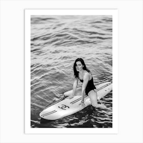 Woman On Surfboard Black And White Art Print