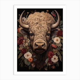 American Bison With Rustic Flowers 0 Art Print