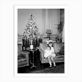 Vintage Christmas Decor, Tiny Christmas Tree, Black and White Old Photo Art Print