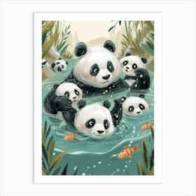 Giant Panda Family Swimming In A River Storybook Illustration 1 Art Print