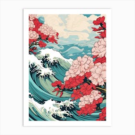 Great Wave With Rhododendron Flower Drawing In The Style Of Ukiyo E 1 Art Print