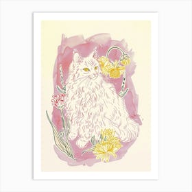 Cute Angora Cat With Flowers Illustration 1 Art Print