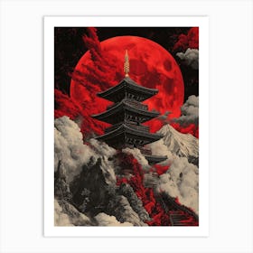 Red Moon Over Japanese Pagoda Art Print