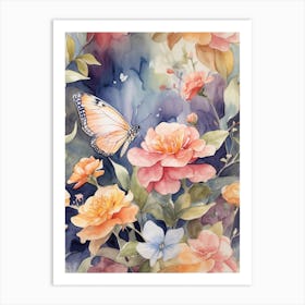 Watercolor Of Flowers And Butterflies Art Print