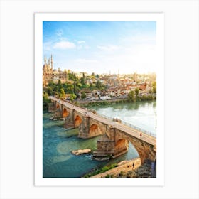 Ottoman Footbridge Arching Gracefully Over A Serene River Ancient Town Sprawling Hillside With Cobb Art Print