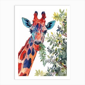 Watercolour Giraffe Head In The Leaves 2 Art Print