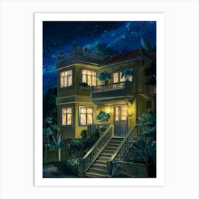 Anime Canvas Art: Cozy Yellow House at Night with Glowing Windows and Starry Sky, Perfect for Lofi Aesthetic and Tranquil Urban Decor Fans. Art Print