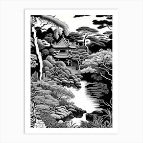 Japanese Friendship Garden, Usa Linocut Black And White Vintage Art Print