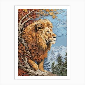African Lion Relief Illustration Seasons 3 Art Print