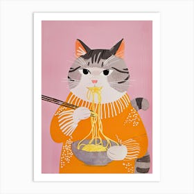 Cute Grey White Cat Eating Pasta Folk Illustration 2 Art Print